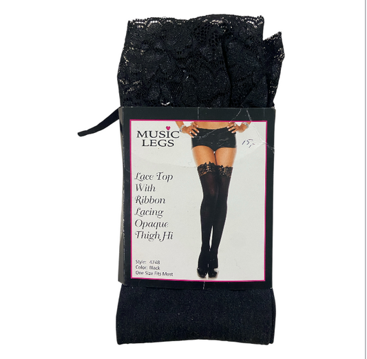 Music Legs - Lace Top with Ribbon Lacing Opaque Thigh Hi Stockings