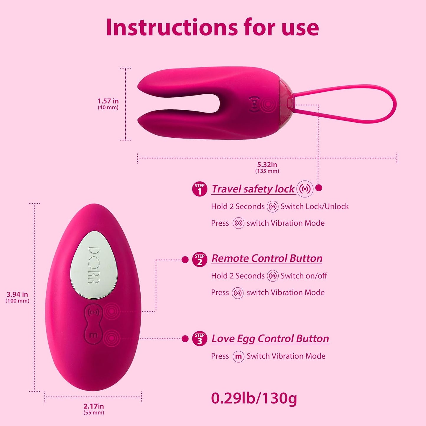 DORR OZZY Remote Control Vibrator – 3 Motors, 10 Standen, Roze