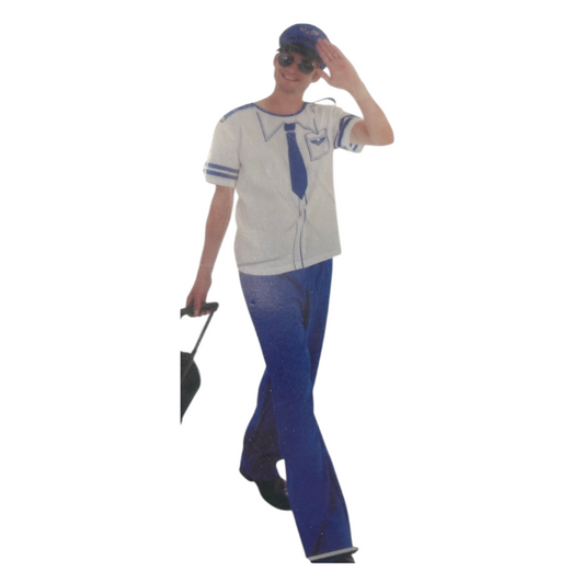 Sexy Piloot Kostuum – Wit/Blauw Shirt, Blauwe Broek & Bijpassende Pilotenpet