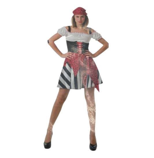 Sexy Piratenkostuum – Kinky Zwart/Wit/Rood Jurkje met Bijpassende Rood/Zwarte Hoofddoek
