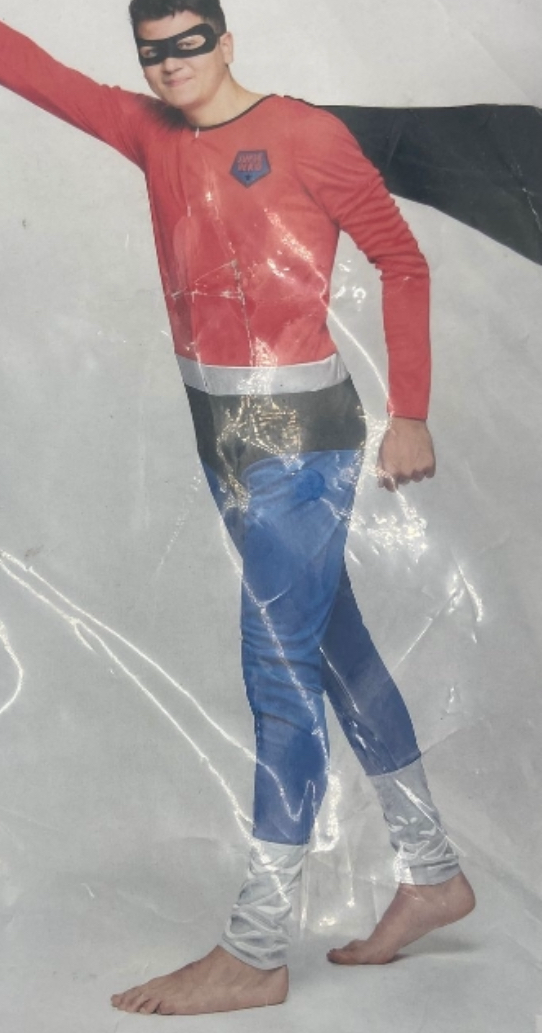 Kinky Superhero Kostuum – Super Held - Strak Blauw/Rood Pak met Zwarte Cape & Masker – M / L / XL