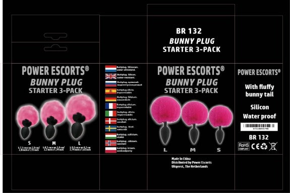 Power Escorts - BR132 - Bunny Plug Starter 3-Pack - Bunny Tail - S, M & L - Black/Pink Tail
