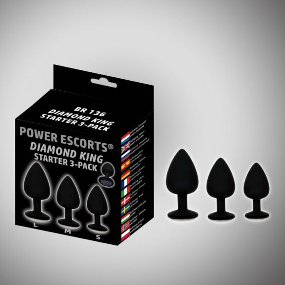 POWER ESCORTS - BR136 - DIAMOND KING STARTER 3-PACK - BLACK WITH BLACK STONE - SMALL MEDIUM & LARGE