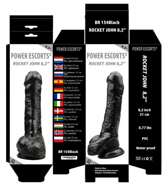 Power Escorts - BR154 - Rocket John 8,2'' - Realistic Dildo - 8,2 Inch / 21 CM - Black