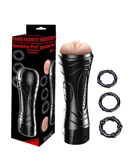 Power Escorts - BR207 - Quickies Pro masturbator - including 3 pack beaded Cockring  - big size Masturbator - 7-Speed Vibrating - 24 CM - Black/Flesh