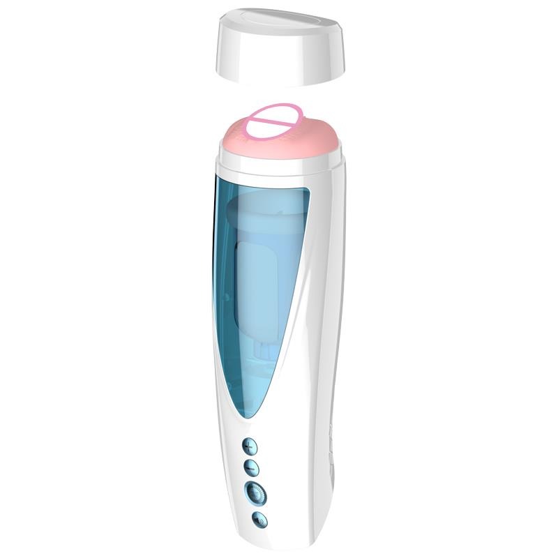 Foxshow - 63-00041 - Big size - 32 Cm - Masturbator cup - Vibrating, Rotating and Flashing Masturbation - USB rechargeable - 10 speed + 10 Function / Talk Mode - Dia outside 10 cm - Luxury Giftbox - white /with blue