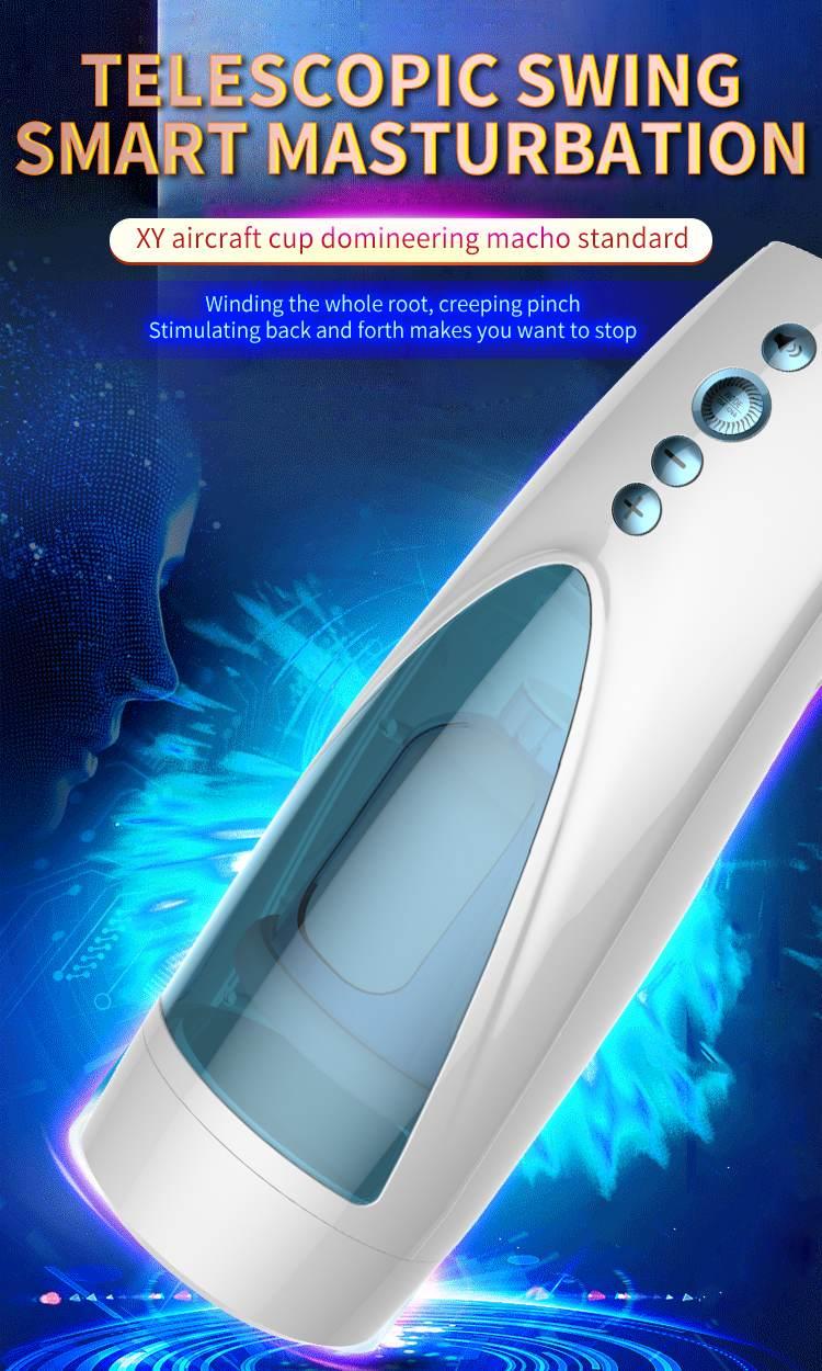 Foxshow - 63-00041 - Big size - 32 Cm - Masturbator cup - Vibrating, Rotating and Flashing Masturbation - USB rechargeable - 10 speed + 10 Function / Talk Mode - Dia outside 10 cm - Luxury Giftbox - white /with blue