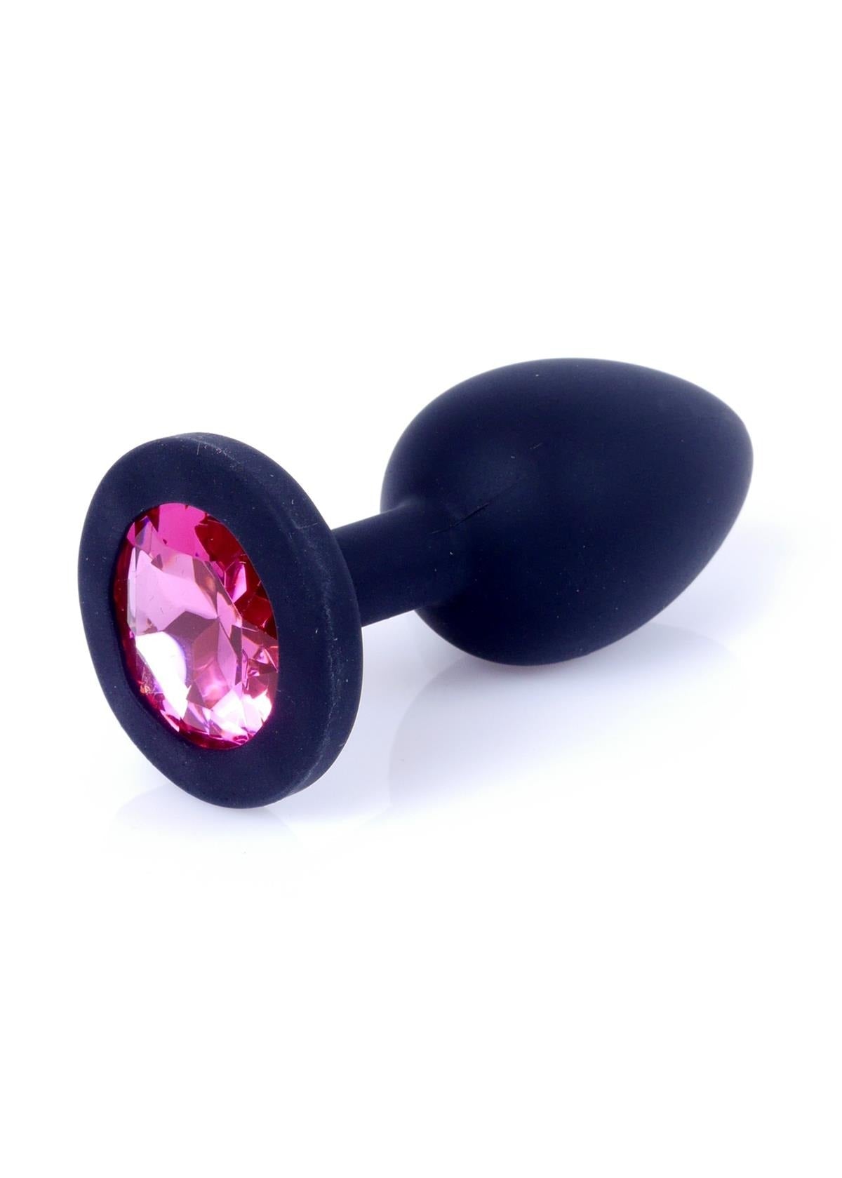 Bossoftoys - 64-00087 - Black Silicone Anal Plug - Medium size anal plug with Pink stone - length 8 cm - dia 3,5cm - colour window box