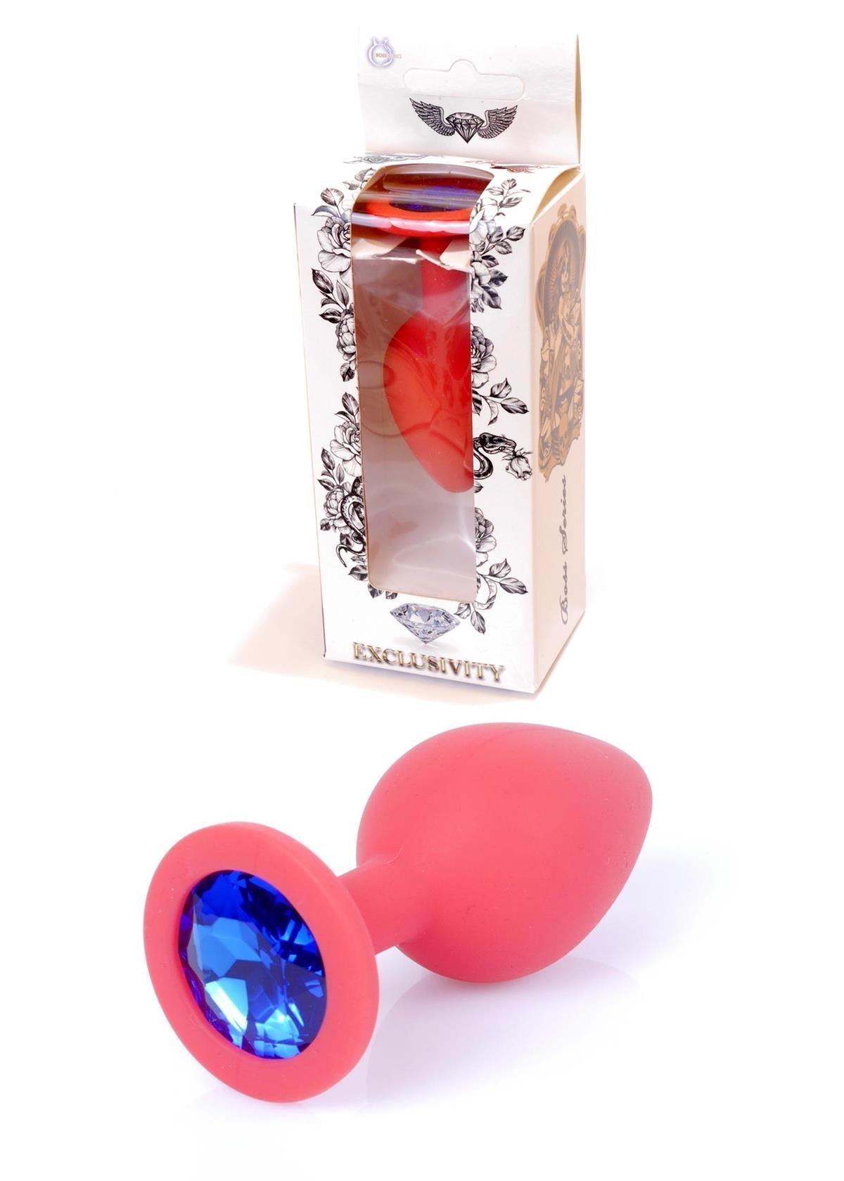 Bossoftoys - 64-00084 - Red Silicone Anal Plug - anal plug with blue stone - Medium size - length 7 cm - dia 2,7 cm - colour window box