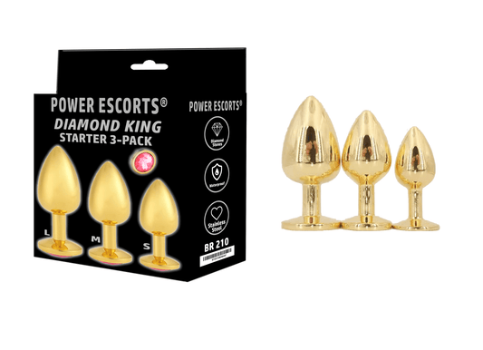 Power Escorts - BR210pink - Diamond King Gold Plug Starter 3-Pack - S, M & L - Pink Stone - Anal plug set - stylish Colour box