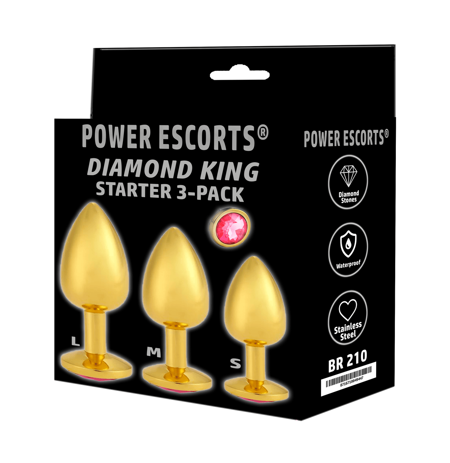 Power Escorts - BR210black - Diamond King Gold Plug -  L - Black Stone - Anal plug set - stylish Colour box