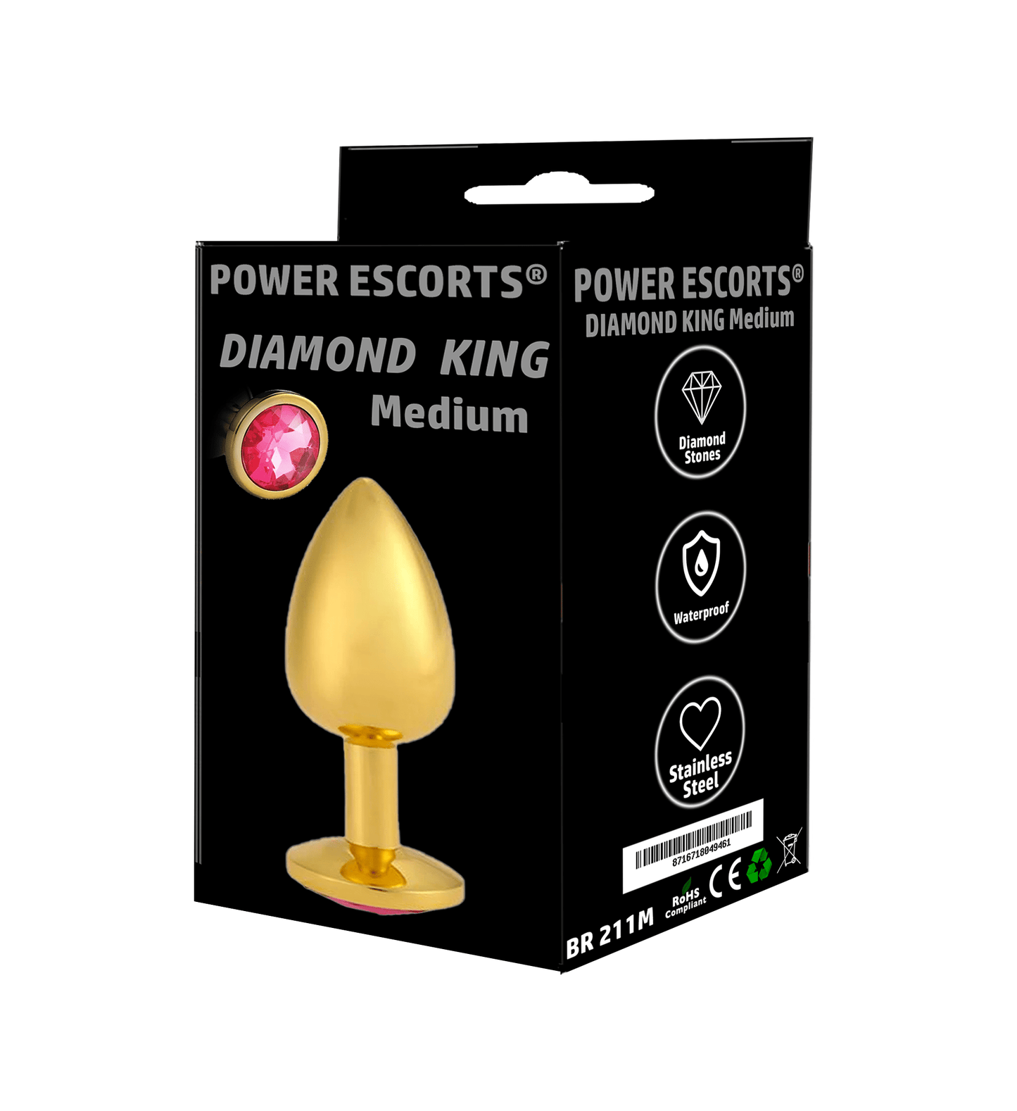 Power Escorts - BR211Mpink - Diamond King Gold Plug Medium - Diameter 3.5 cm - Length 8.5 cm - Anal Plug - Gold with Pink Stone