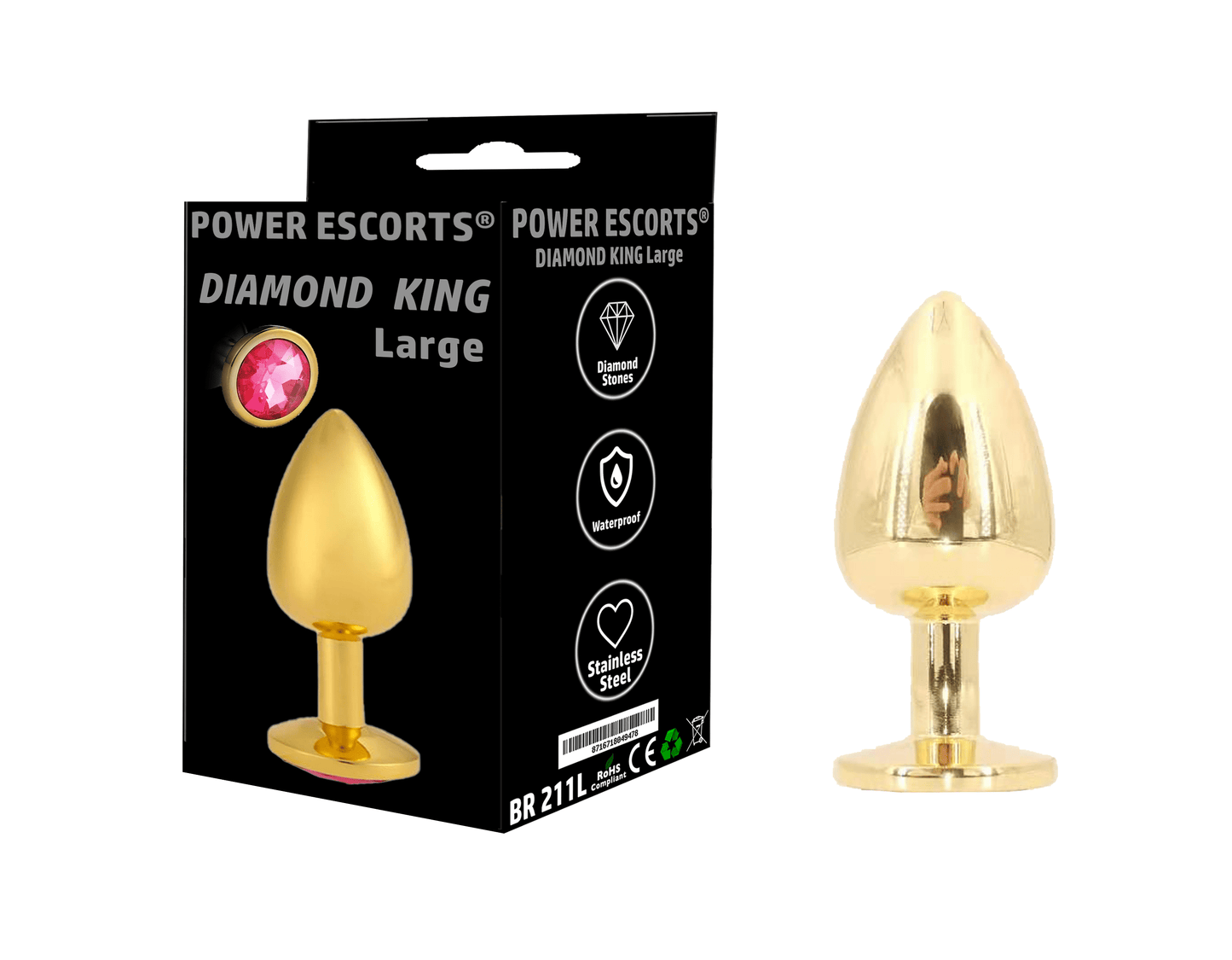 Power Escorts - BR211Lpink - Diamond King Gold Plug Large - Diameter 4 cm - Length 9.5 cm - Anal Plug - Gold with Pink Stone