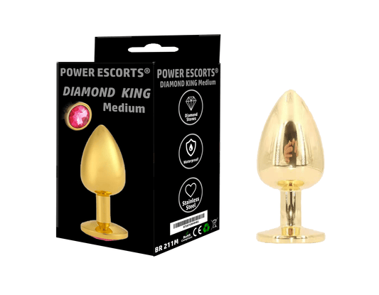 Power Escorts - BR211Mpink - Diamond King Gold Plug Medium - Diameter 3.5 cm - Length 8.5 cm - Anal Plug - Gold with Pink Stone