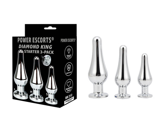 Power Escorts - BR212white - Diamond King Buttplug Starter 3-Pack - Sizes S, M & L - White Stone - Big size 12,5/11/9,5 cm lenght - Anal butt plug set - stylish Colour box