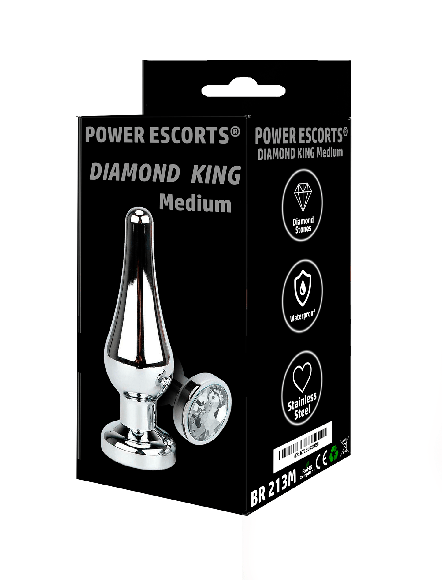 Power Escorts - BR213Mwhite - Diamond King Buttplug - Medium size - Length 11cm - dia: 3.5cm - White Stone - Anal butt plug - stylish Colour box