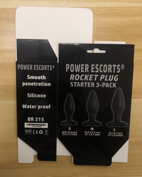 Power Escorts - BR215 - Rocket Plug Anal Starter 3-Pack  - S, M & L - Black - quality Silicone  - No cheap tpe material - Colour box