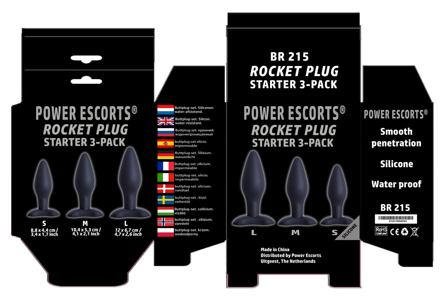 Power Escorts - BR215 - Rocket Plug Anal Starter 3-Pack  - S, M & L - Black - quality Silicone  - No cheap tpe material - Colour box