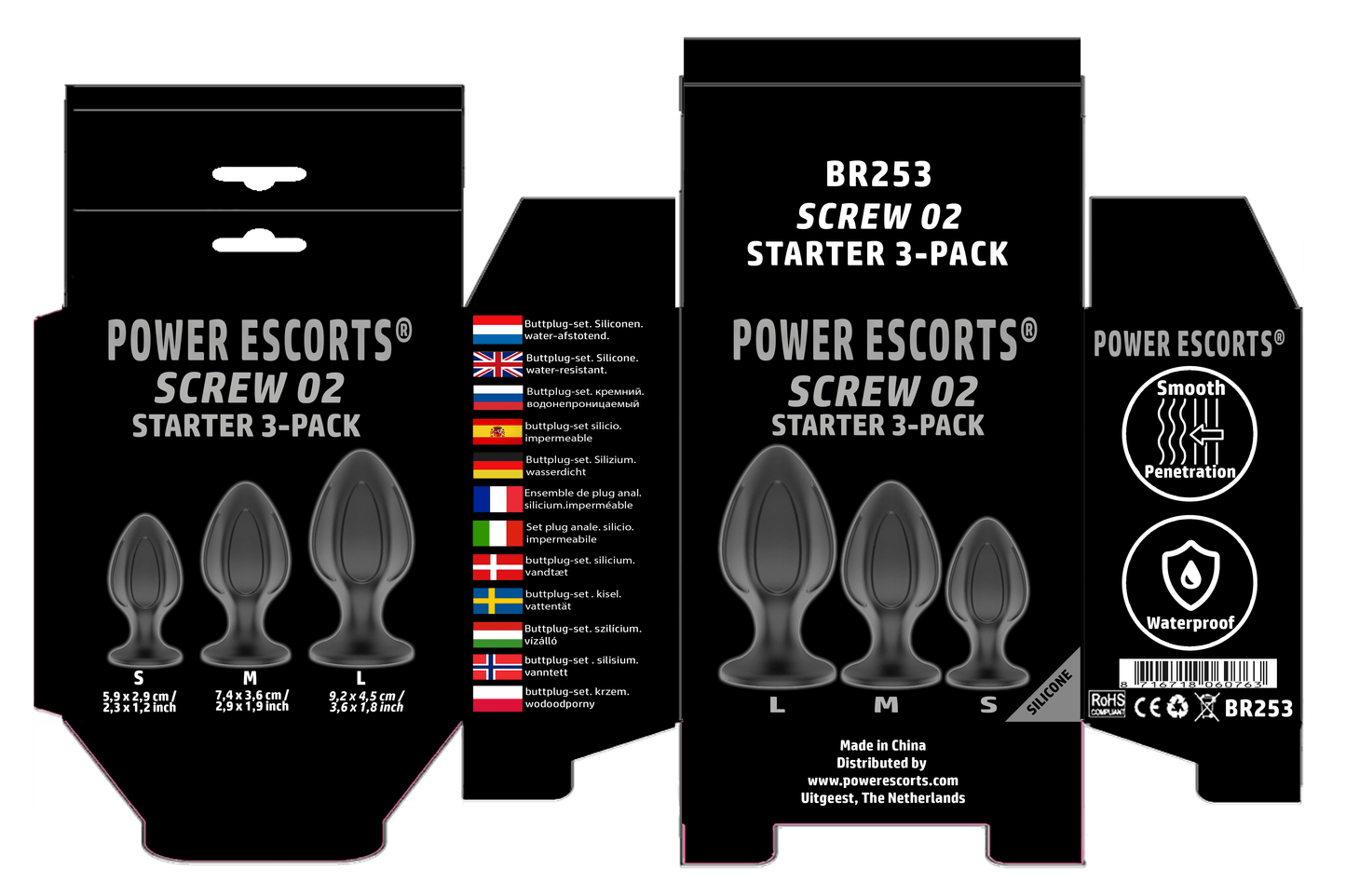 Power Escorts - BR253 - Screw 02 Plug Anal Starter 3-Pack  - S, M & L - Black - quality Silicone  - No cheap tpe material - Colour box