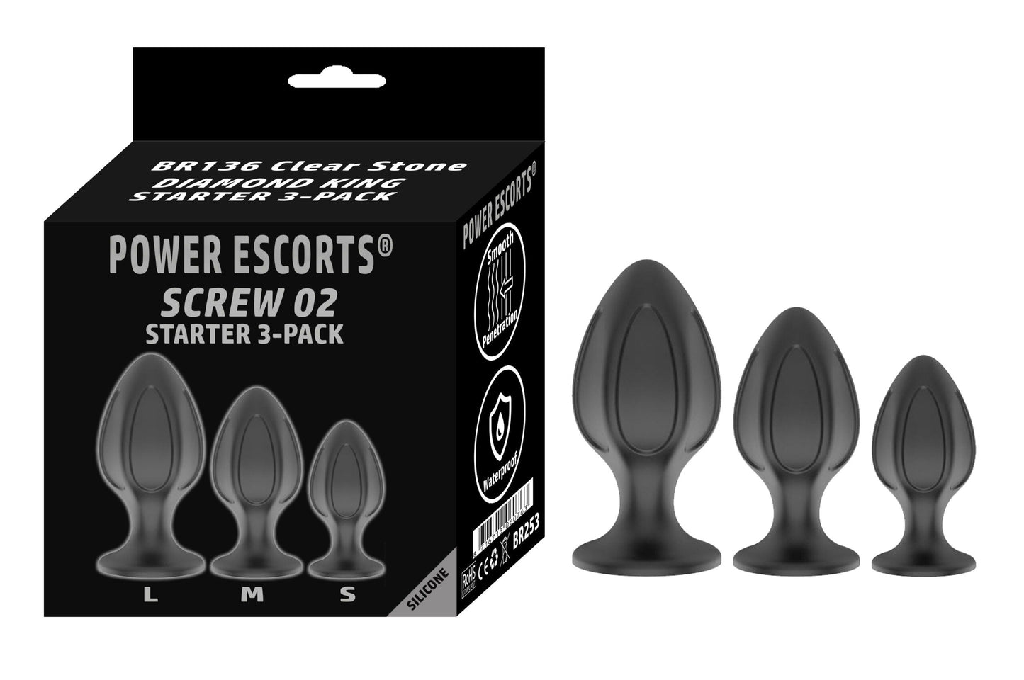 Power Escorts - BR253 - Screw 02 Plug Anal Starter 3-Pack  - S, M & L - Black - quality Silicone  - No cheap tpe material - Colour box