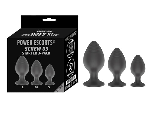 Power Escorts - BR254 - Screw 03 Plug Anal Starter 3-Pack  - S, M & L - Black - quality Silicone  - No cheap tpe material - Colour box