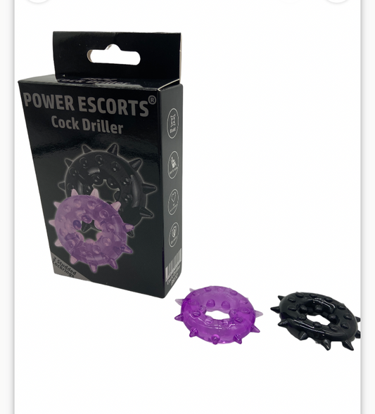 Power Escorts Cock Driller Studded Cockring - 2-Pack - Zwart & Paars