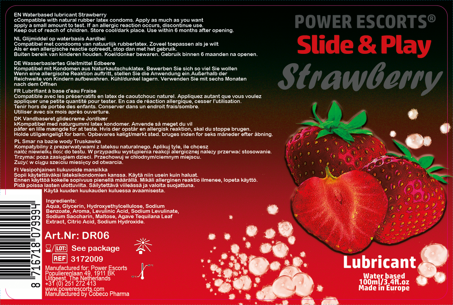Power Escorts Strawberry Lubricant 100 ML - Slide & Play - easy bottle - Brandnew design - Waterbased - DR06