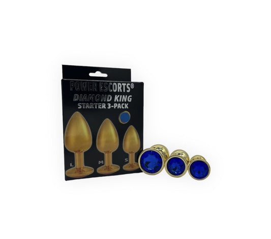 Power Escorts - BR210 - Diamond King Gold Plug Darkblue Stone Starter 3-Pack - S, M & L - Anal plug set - Stylish Colour box