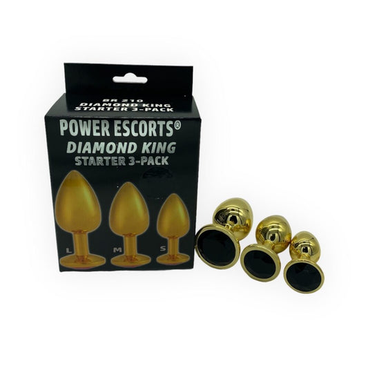 Power Escorts - BR210 - Diamond King Gold Plug Black Stone Starter 3-Pack - S, M & L - Anal plug set - Stylish Colour box