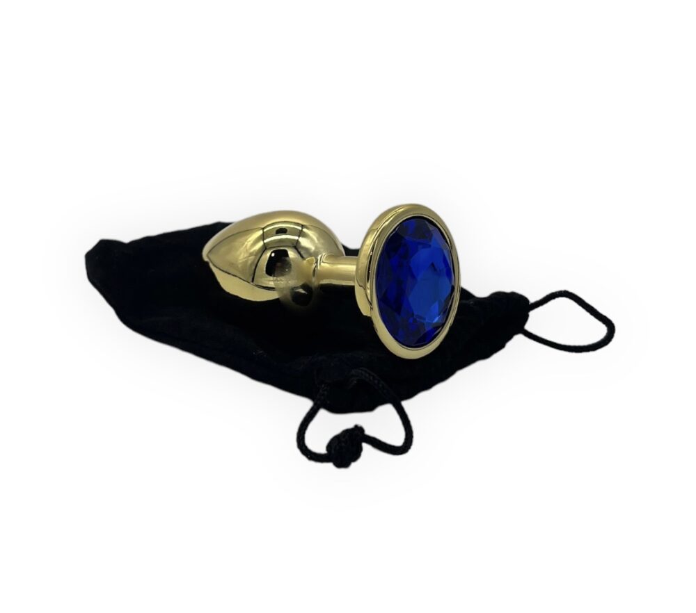 Power Escorts - BR211LDarkblue- Diamond King Gold Plug Large - Diameter 4 cm - Length 9.5 cm - Anal Plug - Gold with Darkblue Stone