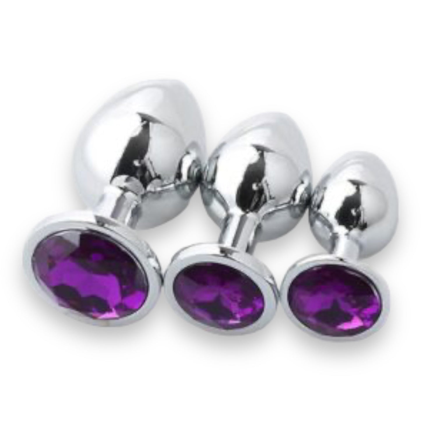 Power Escorts - BR138 - BULK - Metallic Anal Plug With Stone - 3 Pack - 6 Colours - JUST PLASTIC BAG