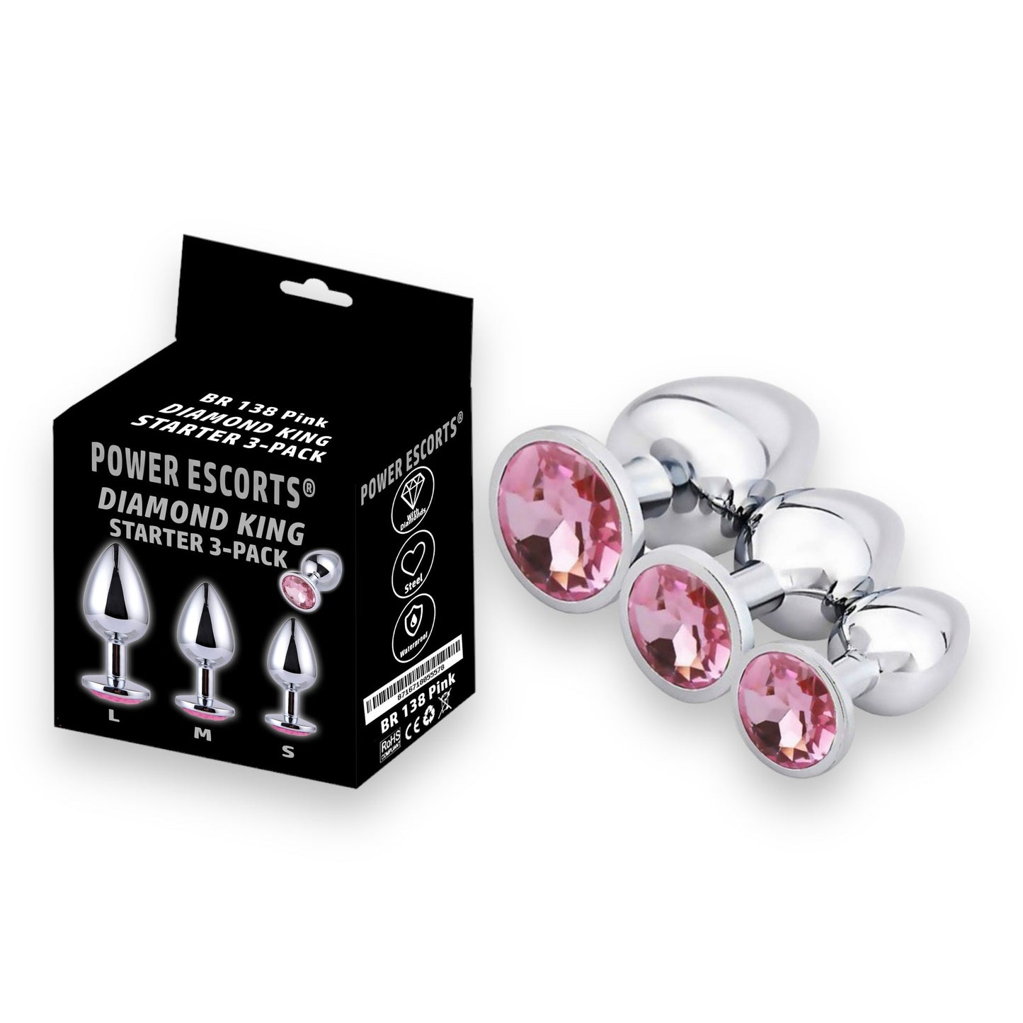 Metalen Butt Plug Set van 3 Pluggen in 3 maten en in  6 verschillende kleuren - Power Escorts