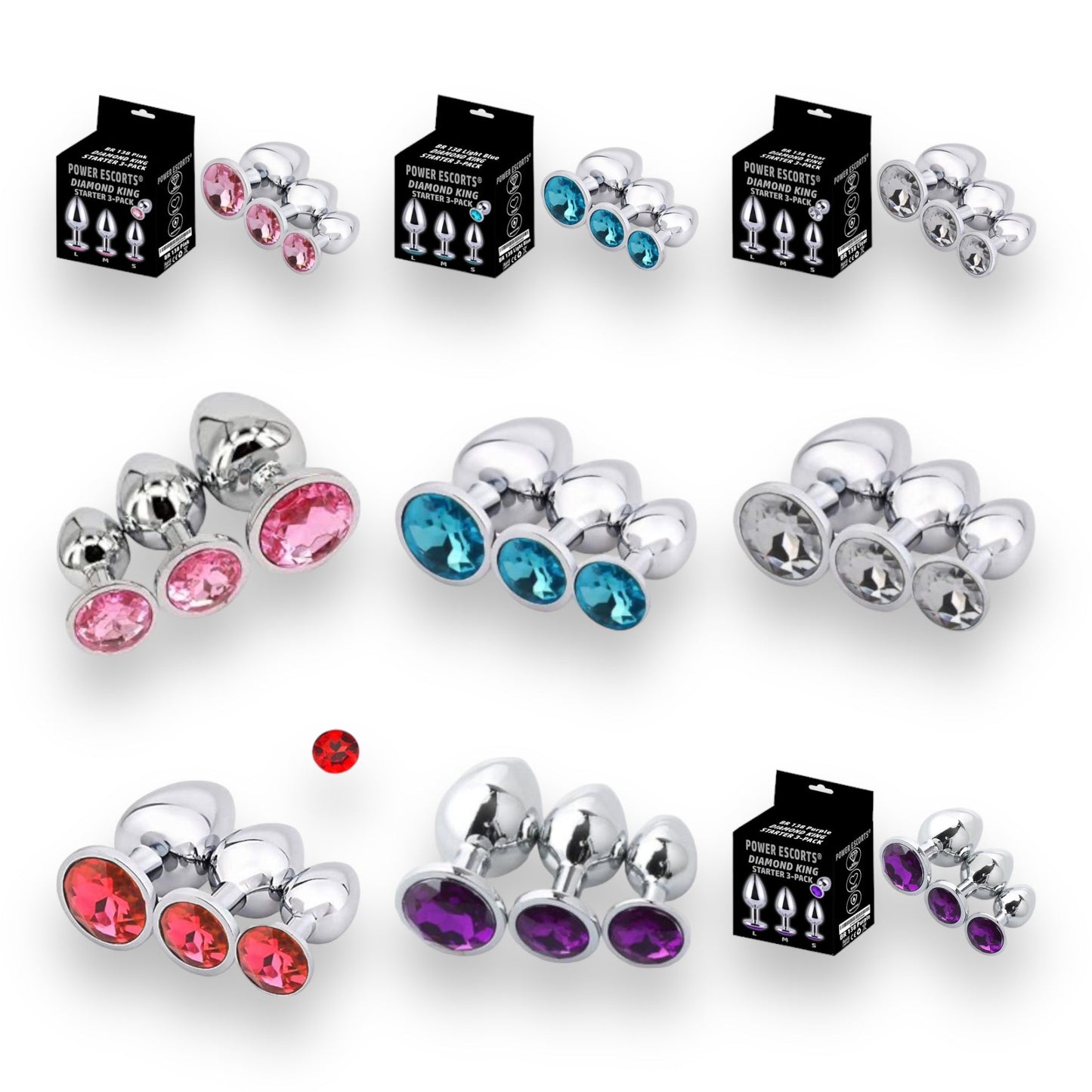 Metalen Butt Plug Set van 3 Pluggen in 3 maten en in  6 verschillende kleuren - Power Escorts