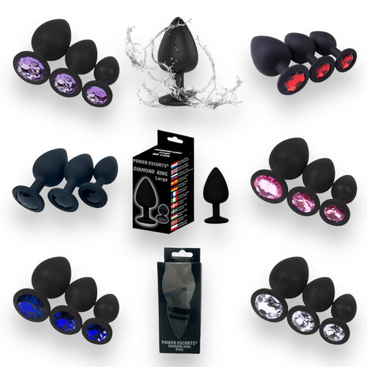 Power Escorts - BR135 - Diamond King - Silicone Butt Plug - Black - 6 Colours - 3 Sizes