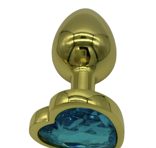 Power Escorts Gold Anal Plug Heart Design Light Blue Stone - BR187 - Packed In Windowbox