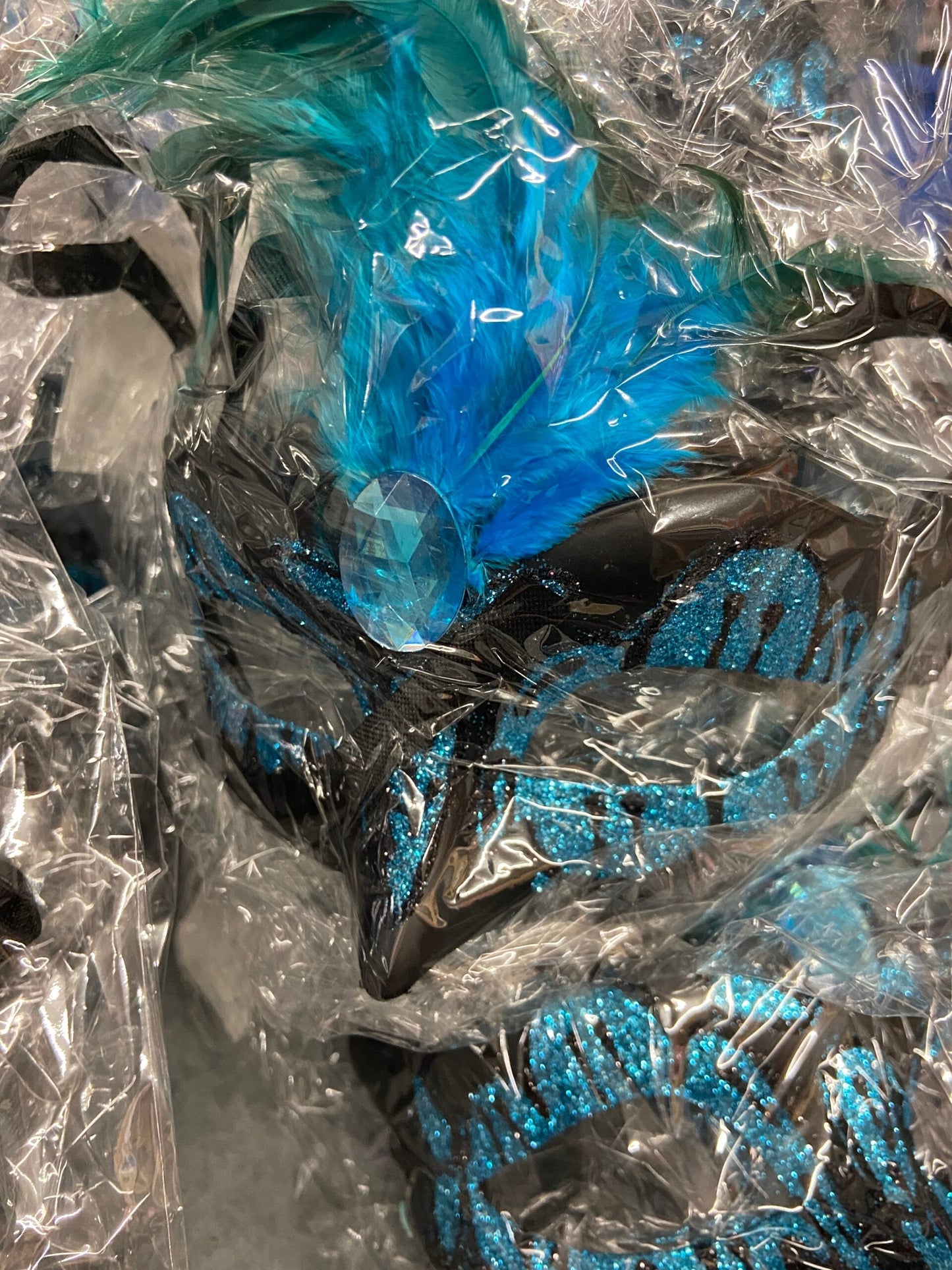 Power Escorts  Luxury Venetian Love Mask Light Blue with Blue Stone and Feather on Top - Adjustable - Kinky Mask - Plastic bag - BR248LB