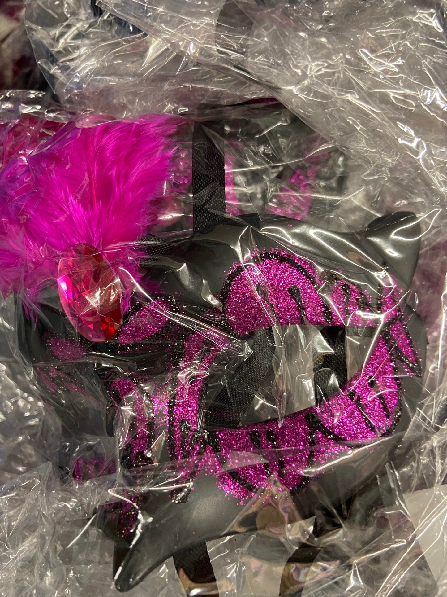 Power Escorts  Luxury Venetian Love Mask Purple with Purple Stone and Feather on Top - Adjustable - Kinky Mask - Plastic bag - BR248PU