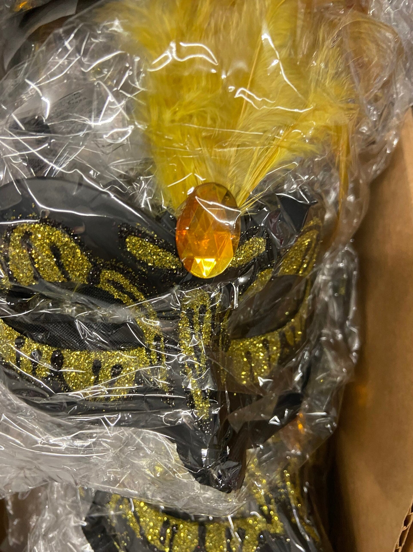 Power Escorts  Luxury Venetian Love Mask Yellow with Yellow Stone Feather on Top - Adjustable - Kinky Mask - Plastic bag - BR248Ye