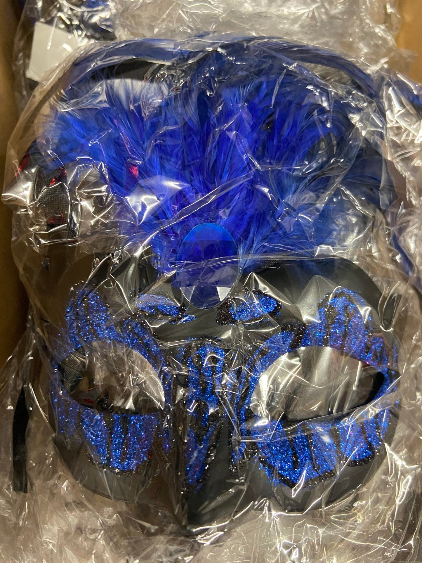Power Escorts  Luxury Venetian Love Mask Dark Blue with Blue Stone and Feather on Top - Adjustable - Kinky Mask - Plastic bag - BR248DB
