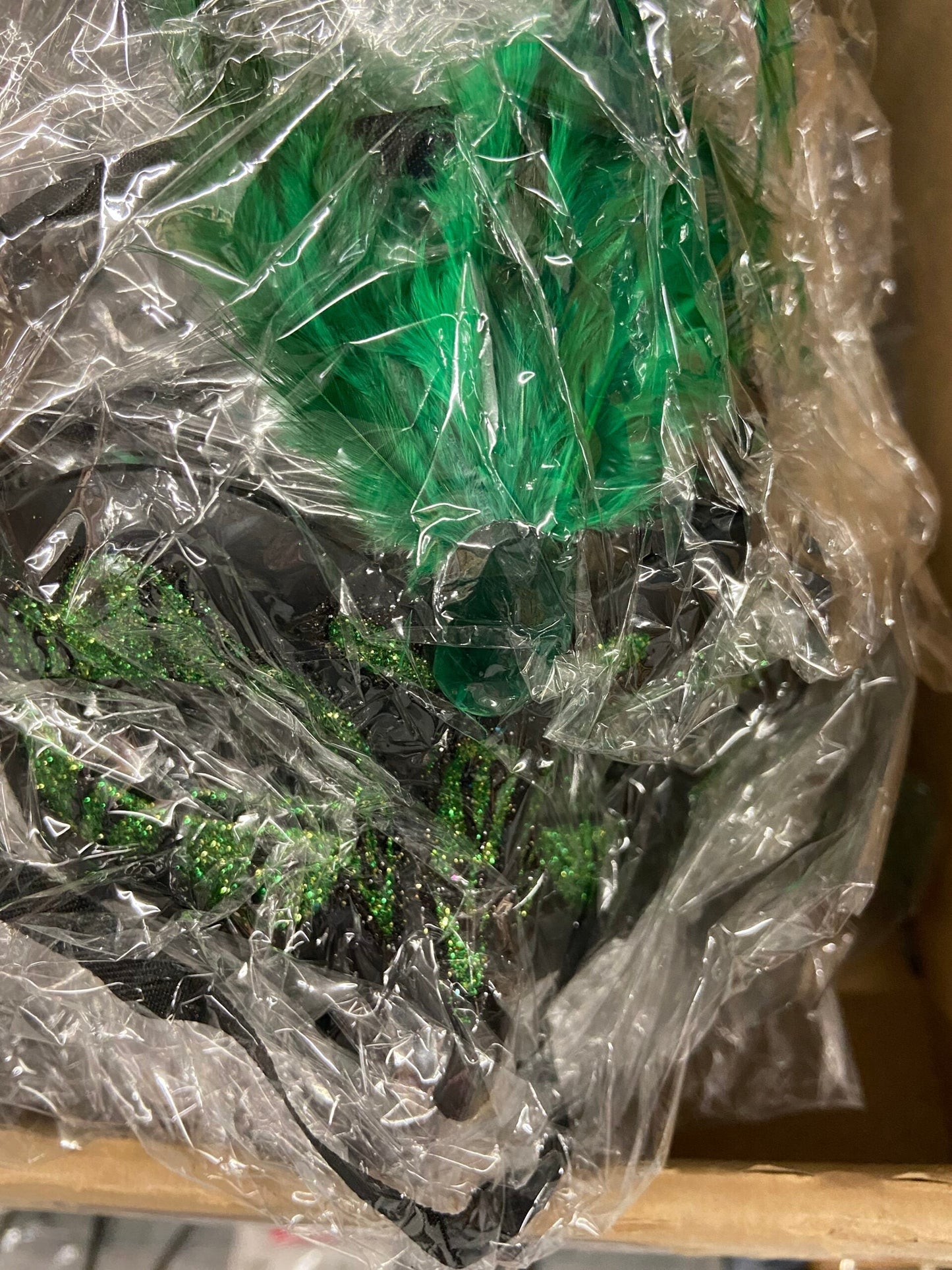 Power Escorts  Luxury Venetian Love Mask Green with Green Stone and Feather on Top - Adjustable - Kinky Mask - Plastic bag - BR248GR