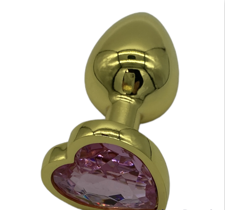 Power Escorts Gold Anal Plug Heart Design Pink Stone - BR186 - Packed In Windowbox
