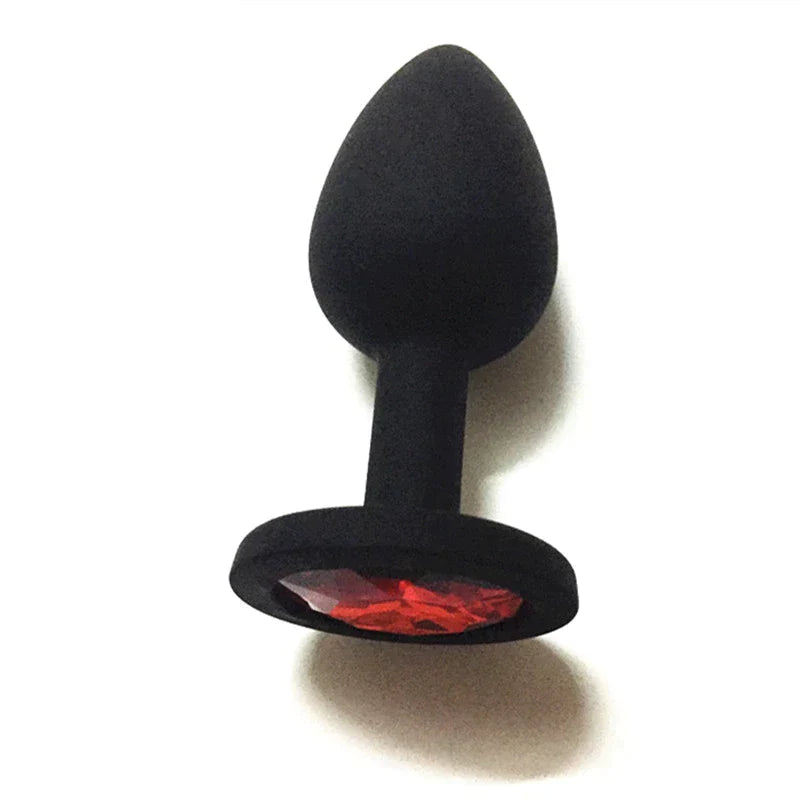 Power Escorts Medium Silicone Black Plug Red Stone  - BR135Mred - Window Box