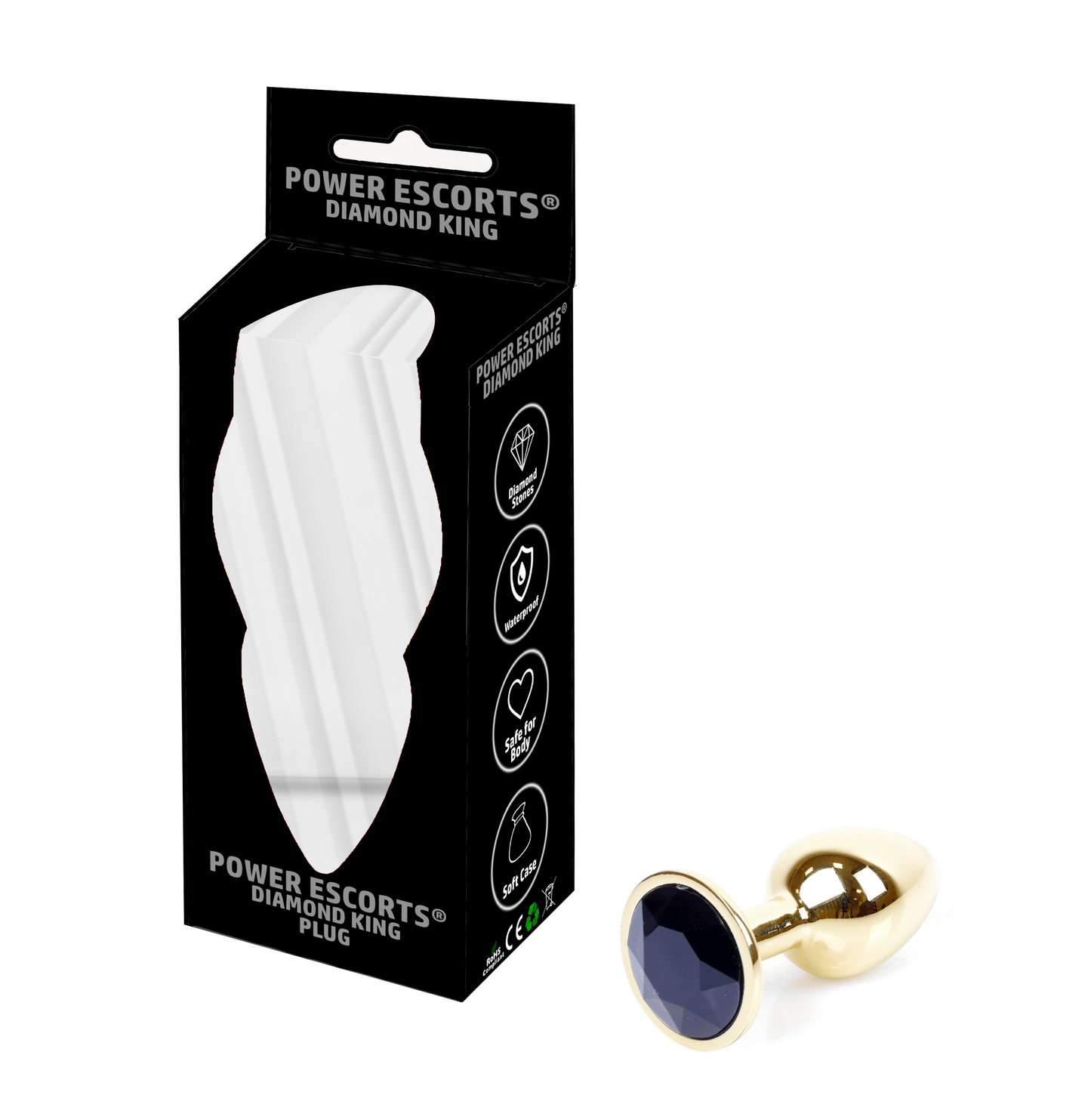 Power Escorts - BR211Sblack - Diamond King Gold Plug Small - Diameter 2.7 cm - Length 7 cm - Anal Plug - Gold with Black Stone