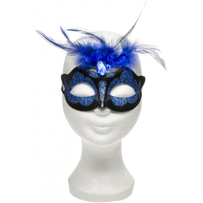 Power Escorts  Luxury Venetian Love Mask Dark Blue with Blue Stone and Feather on Top - Adjustable - Kinky Mask - Plastic bag - BR248DB