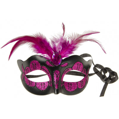 Power Escorts  Luxury Venetian Love Mask Purple with Purple Stone and Feather on Top - Adjustable - Kinky Mask - Plastic bag - BR248PU