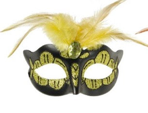 Power Escorts  Luxury Venetian Love Mask Yellow with Yellow Stone Feather on Top - Adjustable - Kinky Mask - Plastic bag - BR248Ye