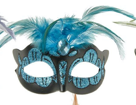 Power Escorts  Luxury Venetian Love Mask Light Blue with Blue Stone and Feather on Top - Adjustable - Kinky Mask - Plastic bag - BR248LB