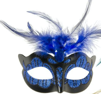 Power Escorts  Luxury Venetian Love Mask Dark Blue with Blue Stone and Feather on Top - Adjustable - Kinky Mask - Plastic bag - BR248DB