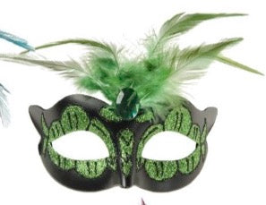 Power Escorts  Luxury Venetian Love Mask Green with Green Stone and Feather on Top - Adjustable - Kinky Mask - Plastic bag - BR248GR