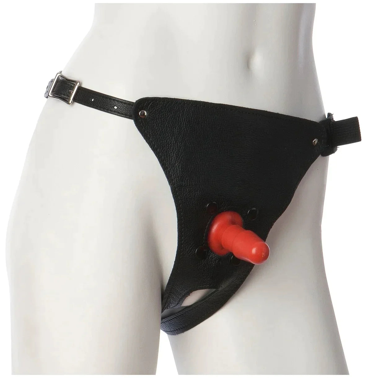 Doc Johnson Leather Ultra Harness with Plug - Red - 1010-06-BX - up to 49 " waist